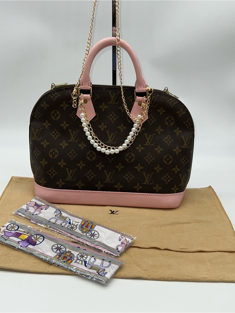 LOUIS VUITTON ALMA PM Vintage Satchel Purse-Painted Pink Vachetta Leather-Charm
